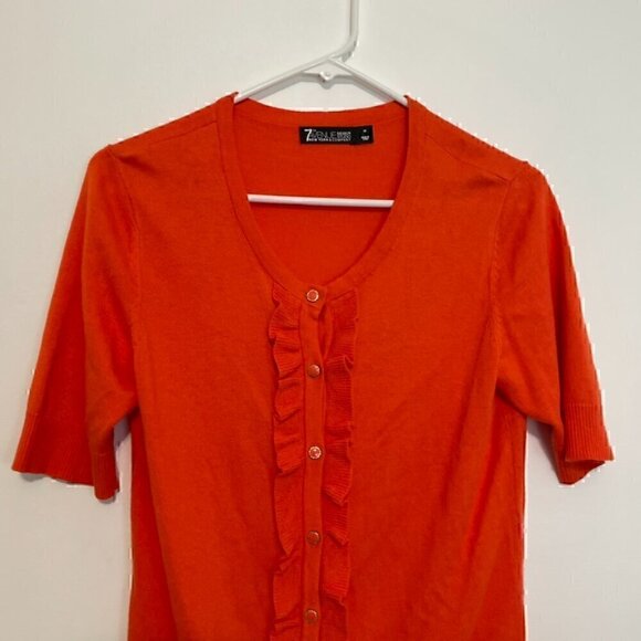 NEW YORK & COMPANY NY&CO Solid Orange Ruffle Short Elbow Sleeve Cardigan Sweater - Picture 2 of 15